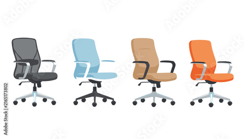 Set of four ergonomic office swivel chairs shown in a row in dark grey, light blue, warm beige, and bright orange colors.