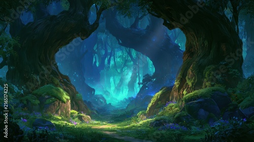Mystical fantasy forest with massive ancient trees, lush vegetation and glowing blue light creating an enchanted magical atmosphere.