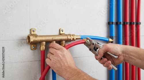 Professional plumber installing PEX tubing pipes onto a brass manifold system