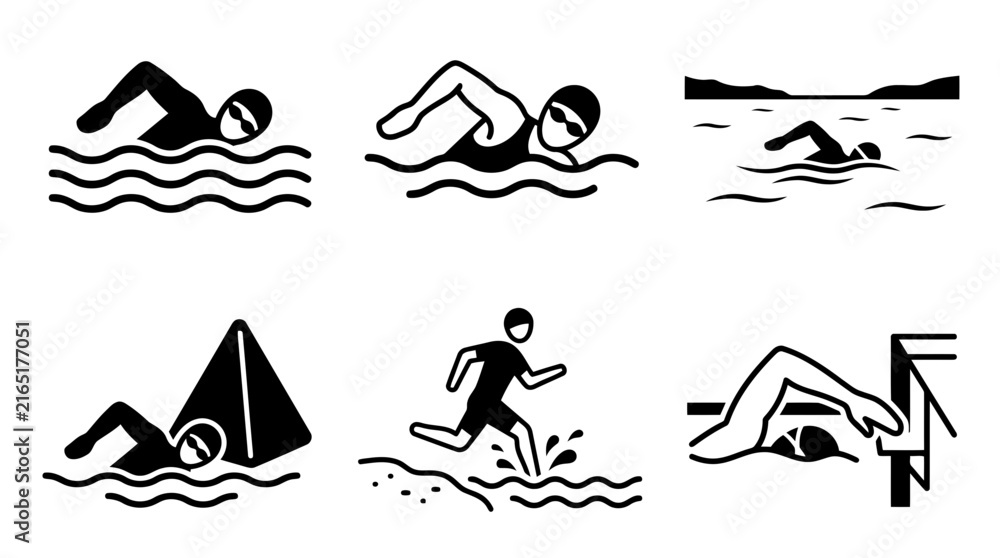 Fototapeta premium Set of black swimming icons showing people swimming and water activities in simple style