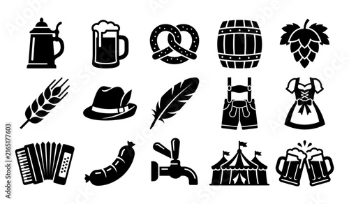 Oktoberfest celebration set with beer mugs traditional food and people in authentic German folk vectors silhouettes
