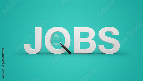 3D render of the word jobs with a magnifying glass against a teal background