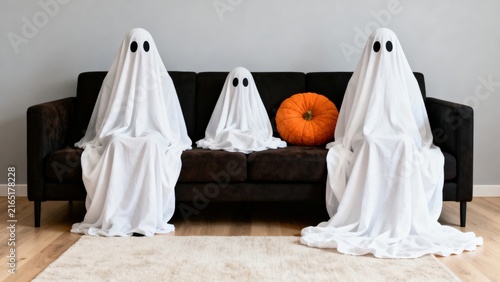 Family of Sheet Ghosts Relaxing on Sofa with Decorative Pumpkin