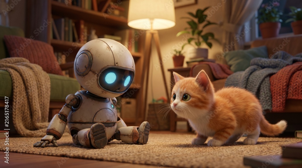 Fototapeta premium Small AI Robot and Playful Cat in Cozy Interior