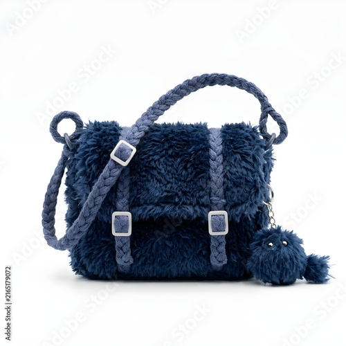Stylish Blue Furry Handbag with Fluffy Keychain Accessory