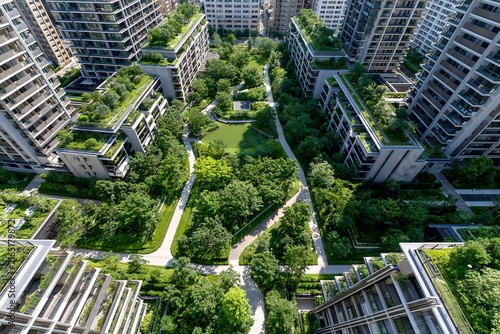 都会に広がる緑豊かなマンション群と公園の調和した街並み