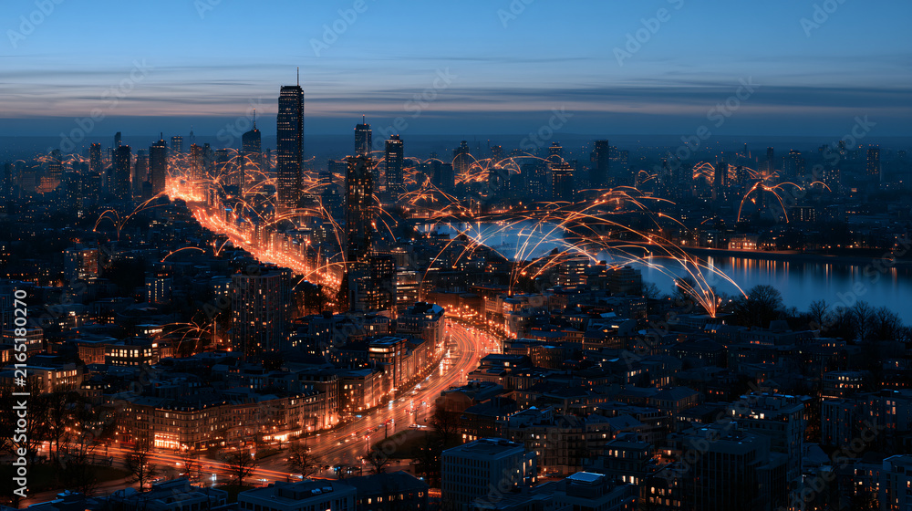 Naklejka premium Smart City Digital Network Data Flowing Through Night Urban Skyline with Wireless Connection Lines
