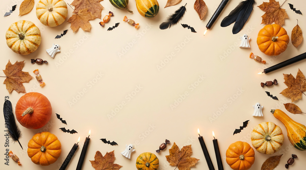 Obraz premium Festive halloween background featuring a blank paper frame surrounded by decorative pumpkins autumn leaves and small black bats for seasonal celebration