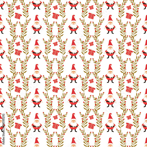 Christmas themed graphic pattern with a tiny Santa Claus , red gift boxes, and decorative branches with green leaves and red berries on a white background. For fabric pattern, wrapping paper