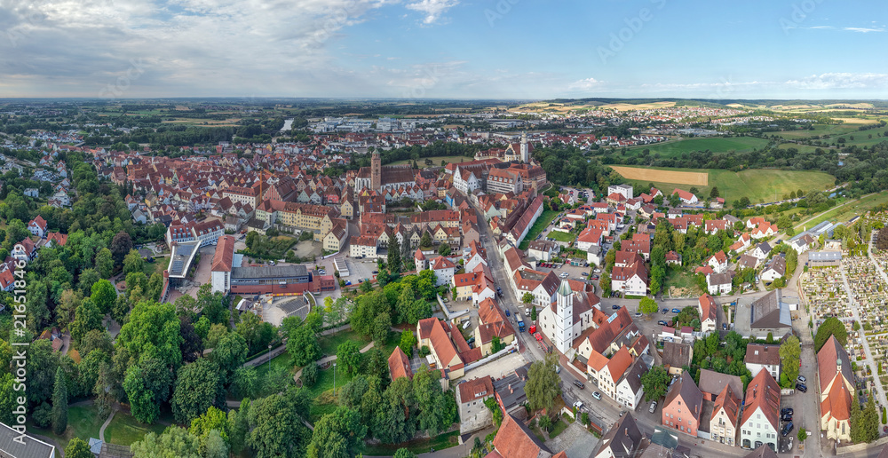 Fototapeta premium Aerial panoramic view of historic old town Donauworth at Danube and Wornitz confluence, Bavaria, Germany