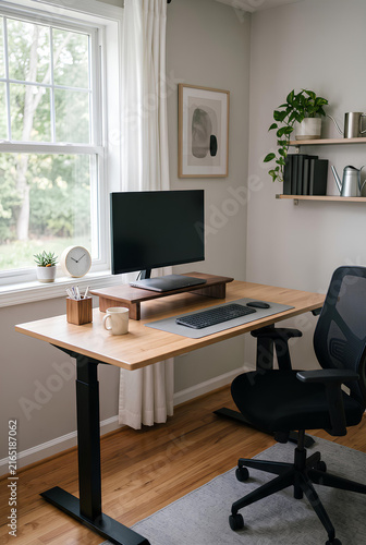 A spare bedroom converted to a home office with a chair