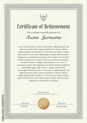 Elegant Certificate of Achievement template with vintage border, grey and silver award diploma vector.