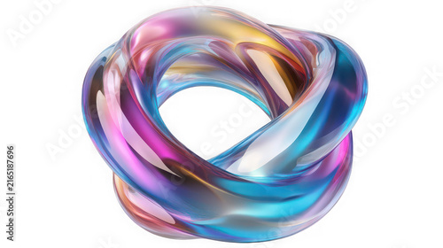 Abstract holographic fluid torus shape with iridescent colors on transparent background