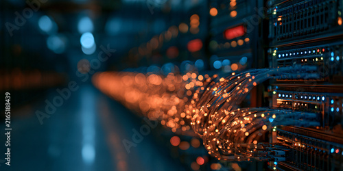 High-speed fiber optic cables connected to servers in a modern data center room representing cloud computing