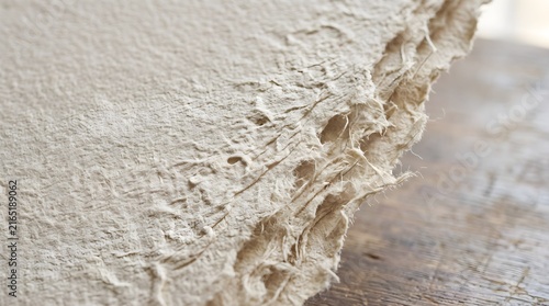 Handmade textured beige paper stack displays rustic frayed edges in macro.