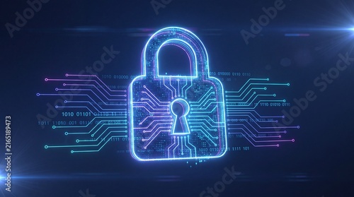 Futuristic glowing digital padlock icon with neon data circuits, cyber security concept
