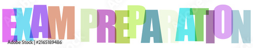 Colorful text graphic spelling out exam preparation with overlapping letters