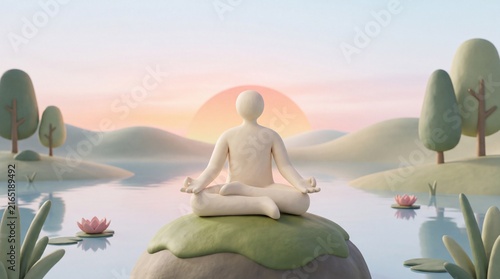 Minimalist 3D illustration of a character meditating in yoga pose against peaceful sunrise lake