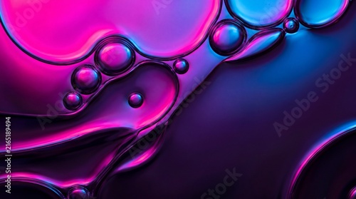 Macro photography of fluid liquid oil droplets with vibrant neon pink and purple gradients