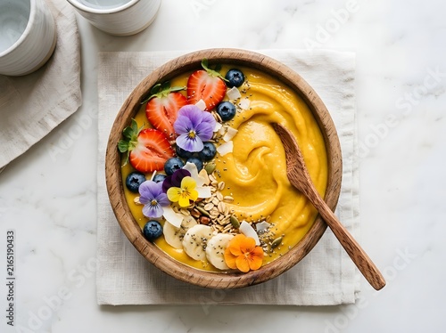 Healthy yellow smoothie bowl topped with fresh strawberries blueberries granola edible flowers