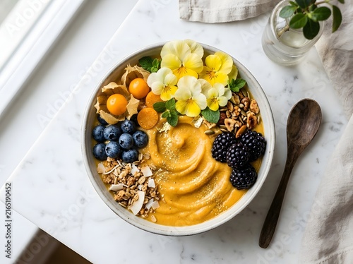 Delicious yellow smoothie bowl garnished with blackberries blueberries granola yellow pansies