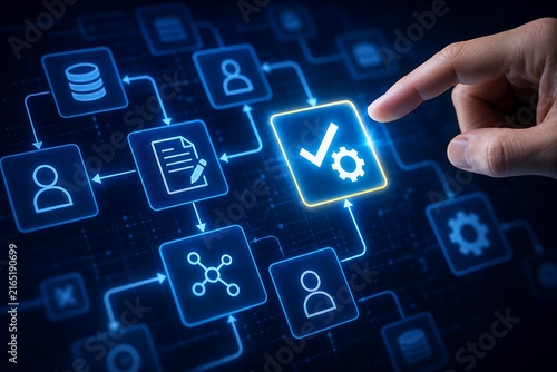 Human hand touching a glowing checkmark icon on a digital interface with network connections