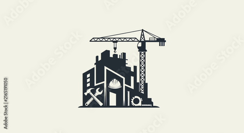 Minimalist construction business logo design with displays flat vector icon construction site tools machinery real estate infrastructure architecture