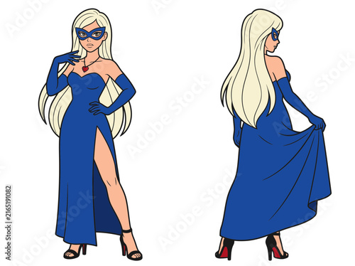 Картината върху платно Mysterious masked woman in blue evening gown, front and back view character desi