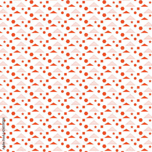 Seamless Orange Geometric Pattern with Triangles, Dots and Abstract Shapes on White Background