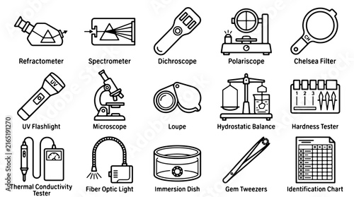 Gemology equipment line icons, 15 professional jewelry testing tools, scientific gemstone identification vector set