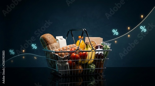 Shopping basket full of grocery products with rising percentage line