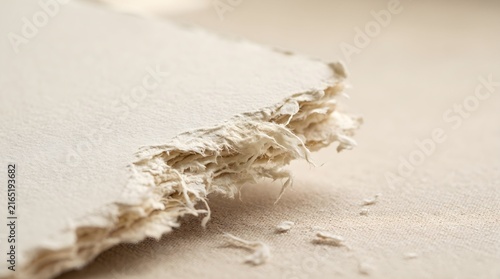 Rough edges of handmade paper stack resting on a neutral textured surface.