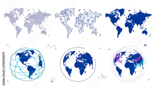 Global map collection showing different styles of world connectivity and data visualization on globe surfaces