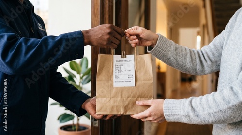 Doorstep Delivery: A courier hands a paper bag to a customer at the doorway, symbolizing convenience and efficient service.