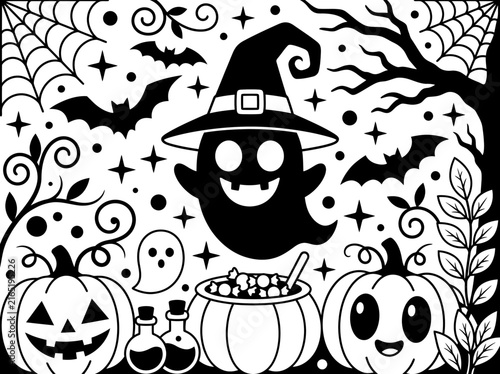Halloween Coloring Page Illustration with Ghost and Jack-o-Lanterns