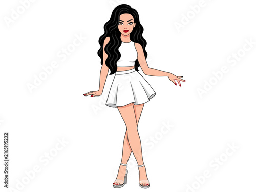Beautiful Young Woman Fashion Illustration Wearing White Crop Top and Skirt Isolated on White