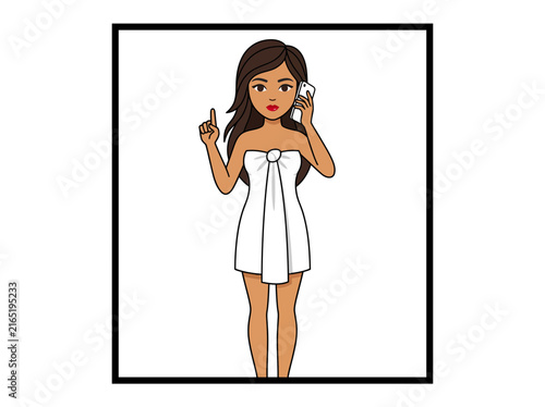 Cartoon woman in white bath towel talking on smartphone and pointing finger up