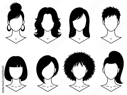 Set of Woman Hairstyle Icons and Female Avatar Silhouettes