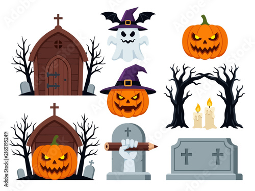 Flat Vector Halloween Elements Set with Pumpkins, Ghost, Graves, and Haunted Church