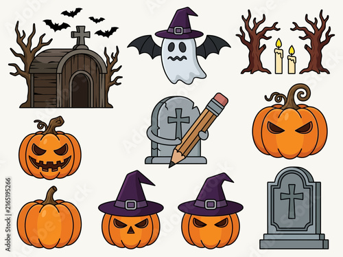 Cute Halloween Cartoon Clipart Set with Ghost, Pumpkins, and Graveyard Icons