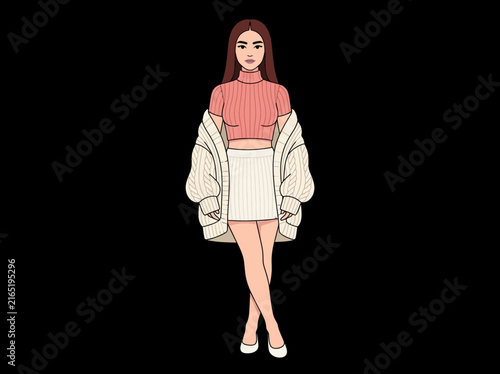 Stylish woman in pink crop top and oversized cardigan illustration on black background