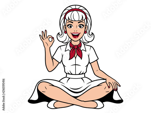 Retro Pop Art Woman Illustration Sitting and Showing OK Sign Gesture