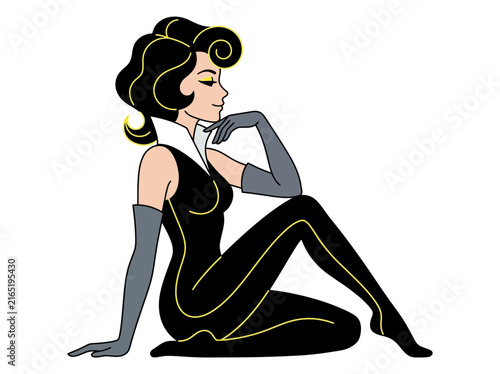 Elegant Retro Woman in Black Catsuit, Vintage 1960s Spy Style Illustration