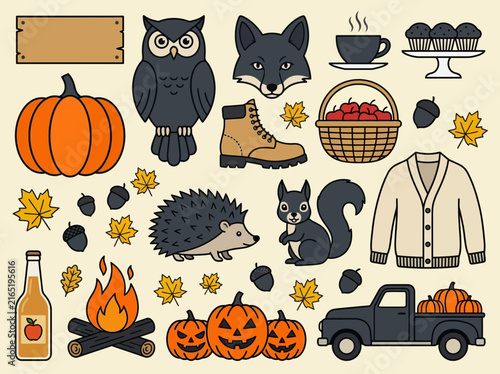 Fall and Autumn Season Icon Set with Forest Animals, Pumpkins, and Cozy Elements