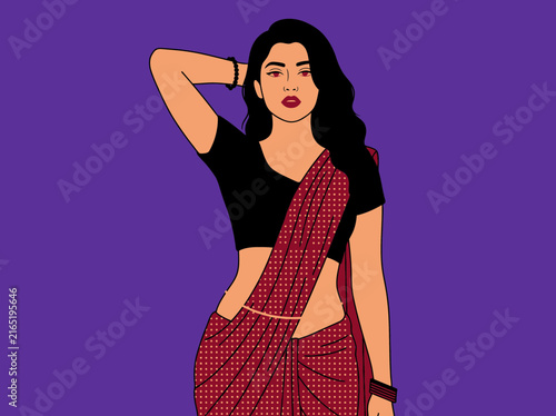 Beautiful Indian Woman in Traditional Red Saree Illustration