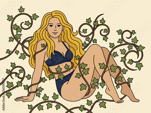 Minimalist illustration of a blonde woman in blue lingerie with ivy vines