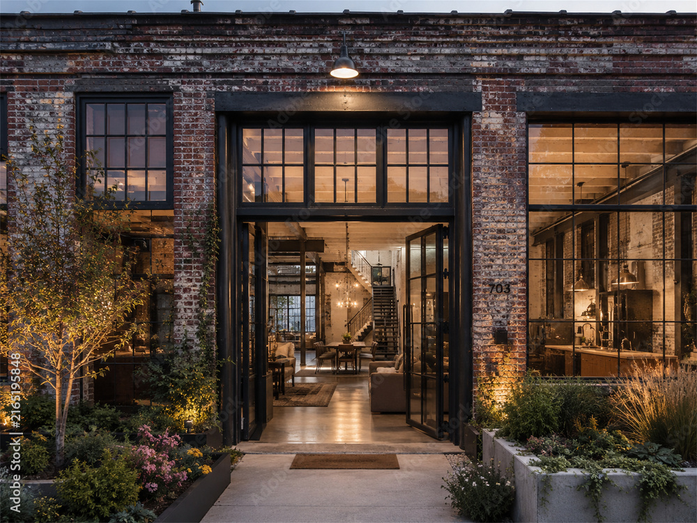 Fototapeta premium Warm evening view of a modern brick home entrance with black framed glass doors glowing interior lights landscaped garden beds and refined architecture creating an inviting residential exterior