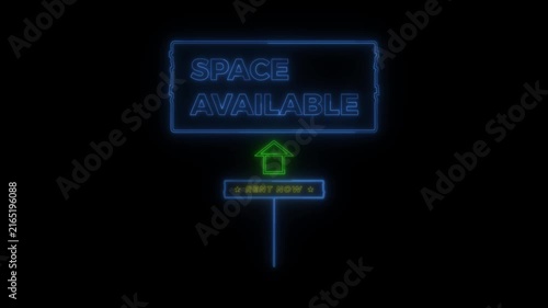 Space available neon sign glowing animation in dark night background.