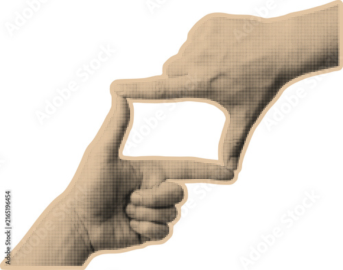 Hands making frame gesture Halftone collage art on transparent background. Vector illustration.