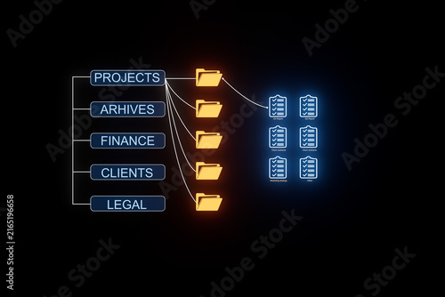 Data organization system shows folders for different departments and tasks with checklists displayed on the right side